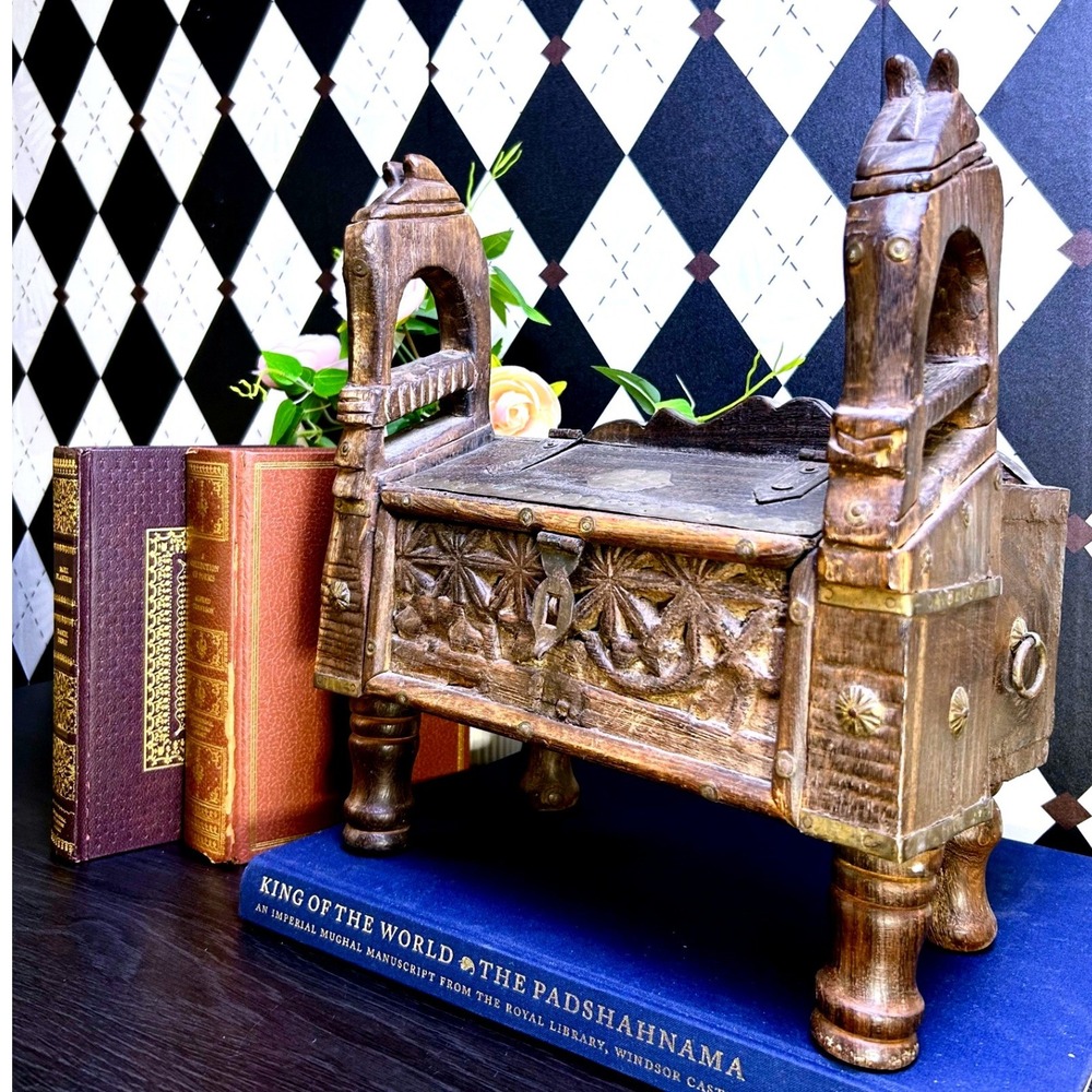 Antique Mughal Carved Wood Dowry Horse Head Chest Collectible Primitive Decor